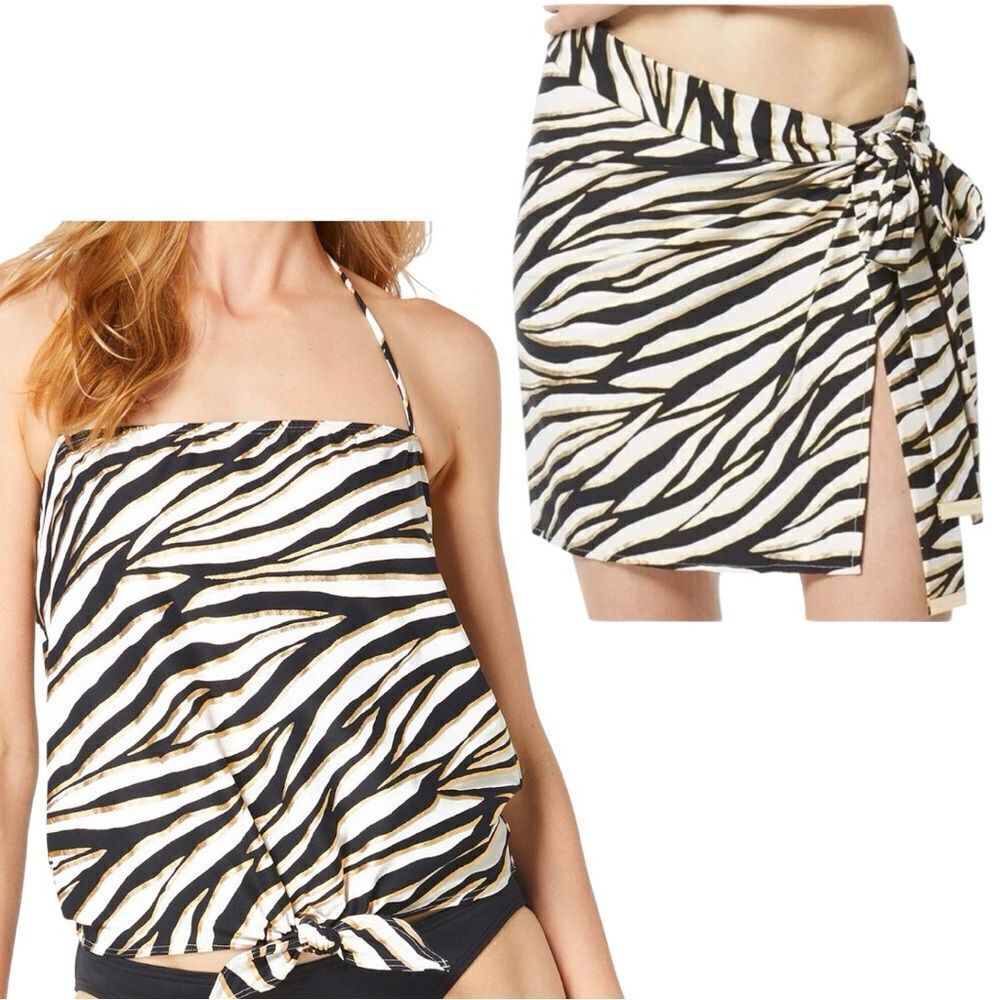 Michael Kors SET - Wrap Skirt Swim Coverup and Top Zebra Animal Print Size M / L